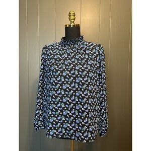 J‎ Crew Top Blouse Small Long Sleeve Smocked Mock Neck Blue Black Floral Twee